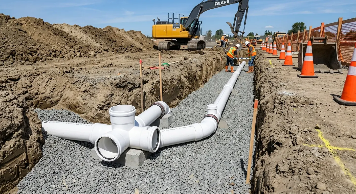 New PVC sewer pipe installation in open trench for Commercial Drain Cleaning in Aransas Pass