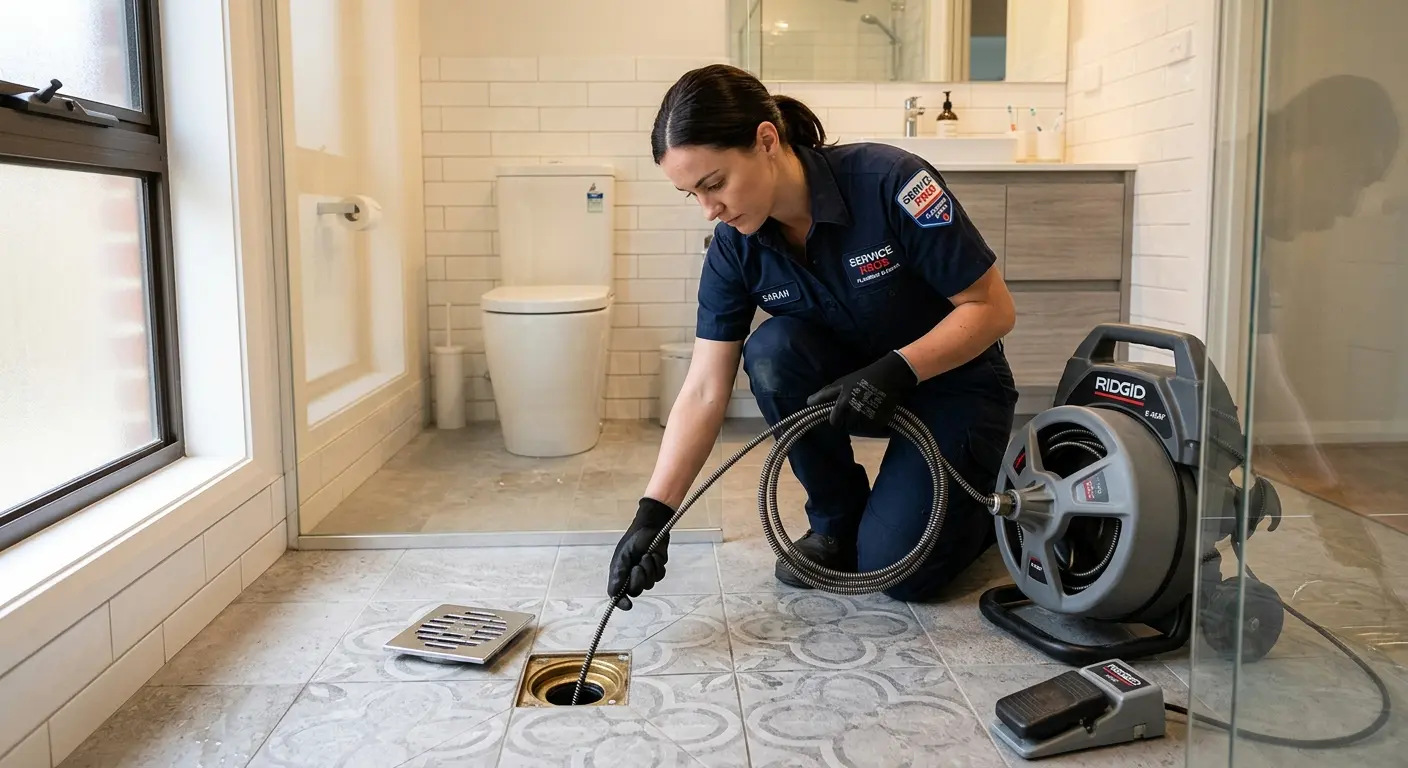 Technician clearing a bathroom floor drain for Hydro Jetting in Aransas Pass